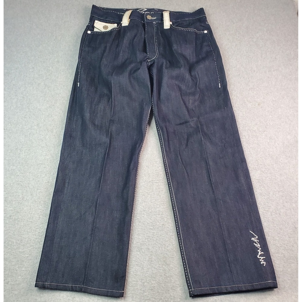 Vintage COOGI Blue Denim Leather Jeans Tag Size 34x34 Fits 34X30 Y2K JNCO Style